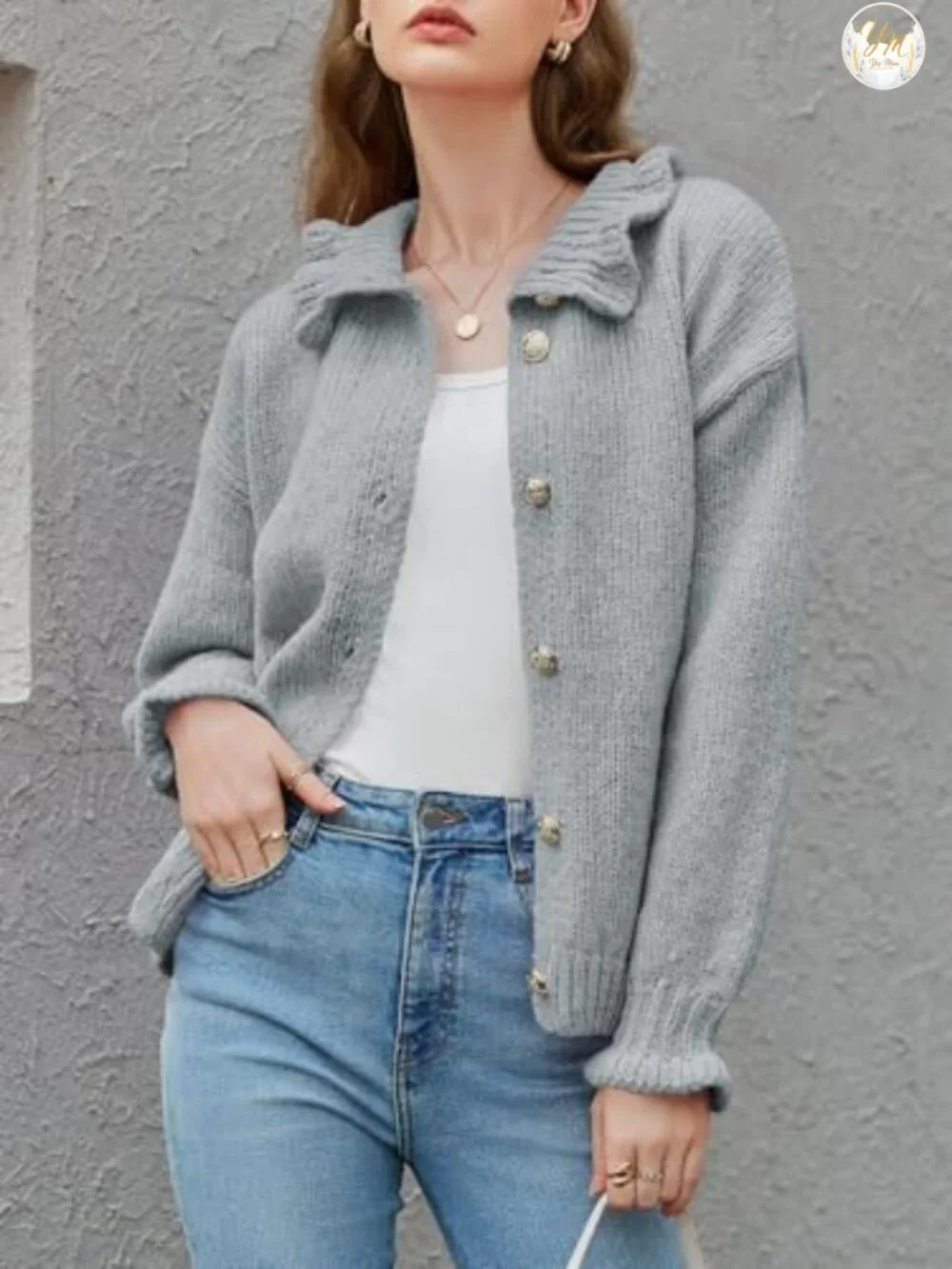 Womens Ruffle Cardigan Oversized Button Up Ribbed Knit Open Front Long Sleeve